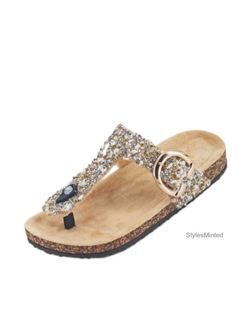Rhinestone Cork Sandals, Sparkly Crystal Strap Flip Flops, Comfort Footbed,